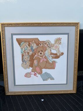 American Vintage Teddy Bear and Toys Cross-Stitch Tapestry - Brown, Pink, Blue